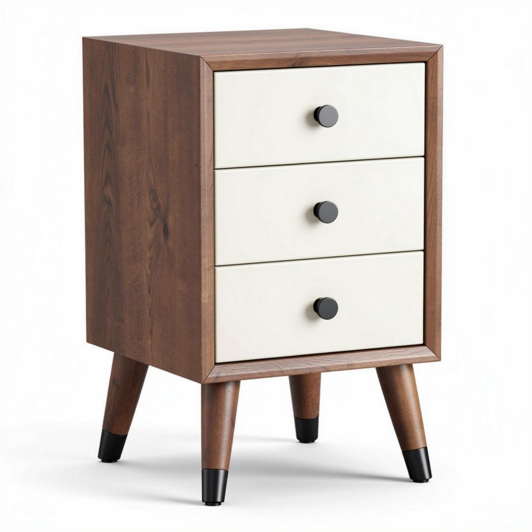 Wooden nightstand with three drawers and mid-century modern design 40 x 40 x 60cm
