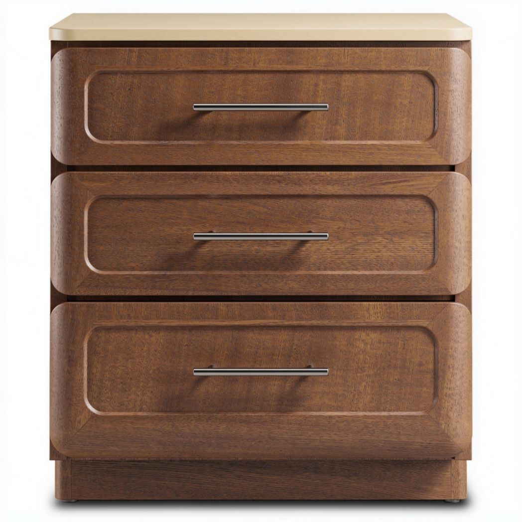Wooden nightstand with three drawers and metal handles in brown finish