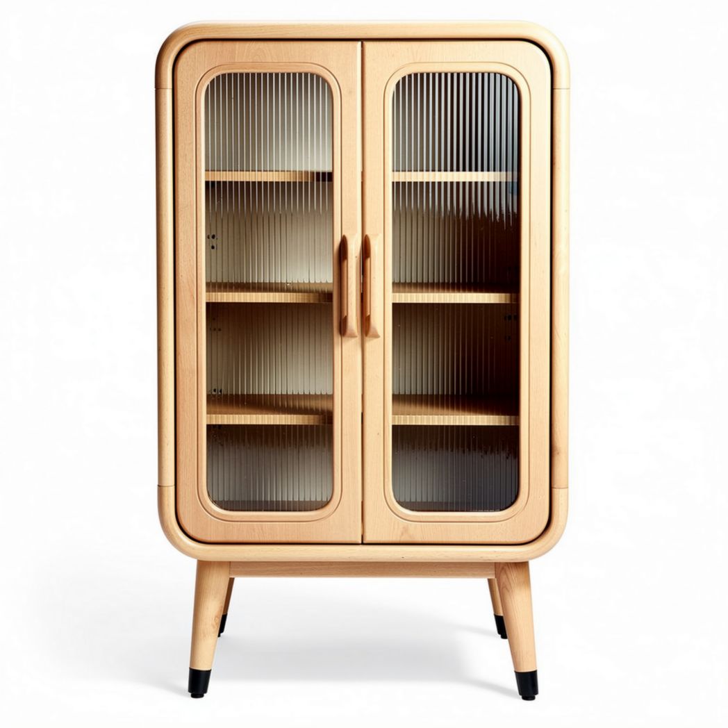 Wooden display cabinet with grooved glass doors 80 x 40 x 120cm beige