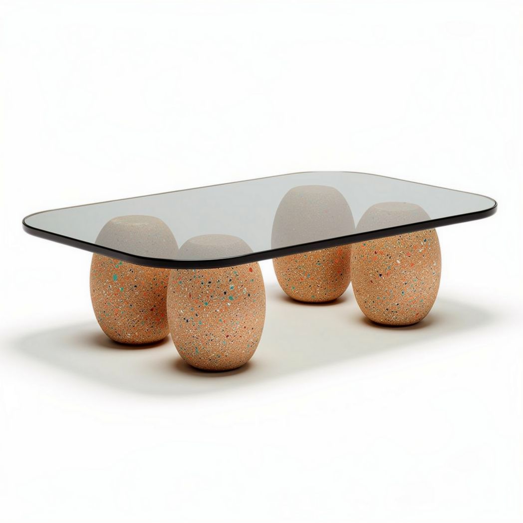 Concrete egg-shaped coffee table with tempered glass top 120 x 60 x 40cm