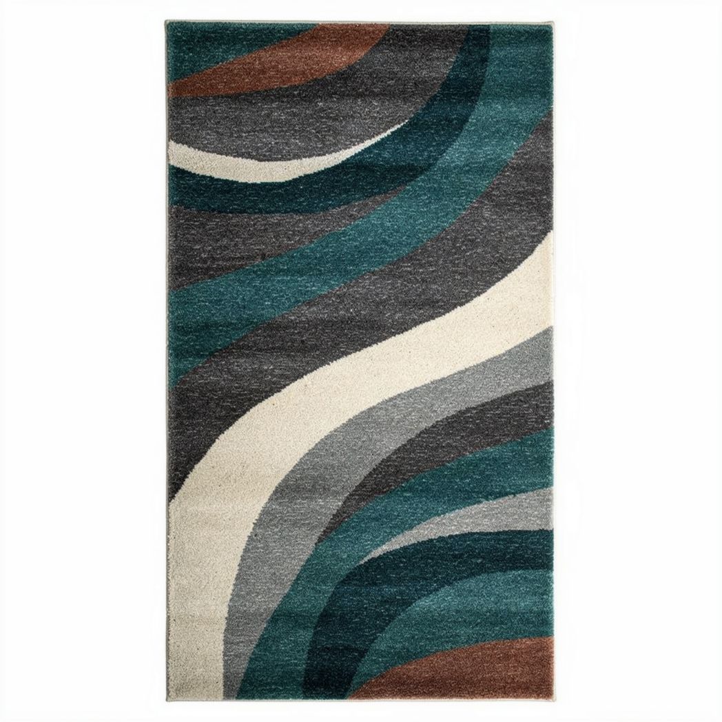 Modern abstract area rug in teal gray and cream 150 x 90 x 1cm