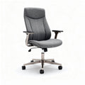 Gray ergonomic office chair with adjustable height and rolling wheels