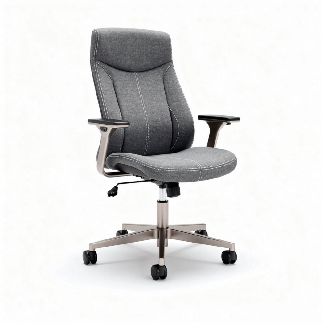 Gray ergonomic office chair with adjustable height and rolling wheels