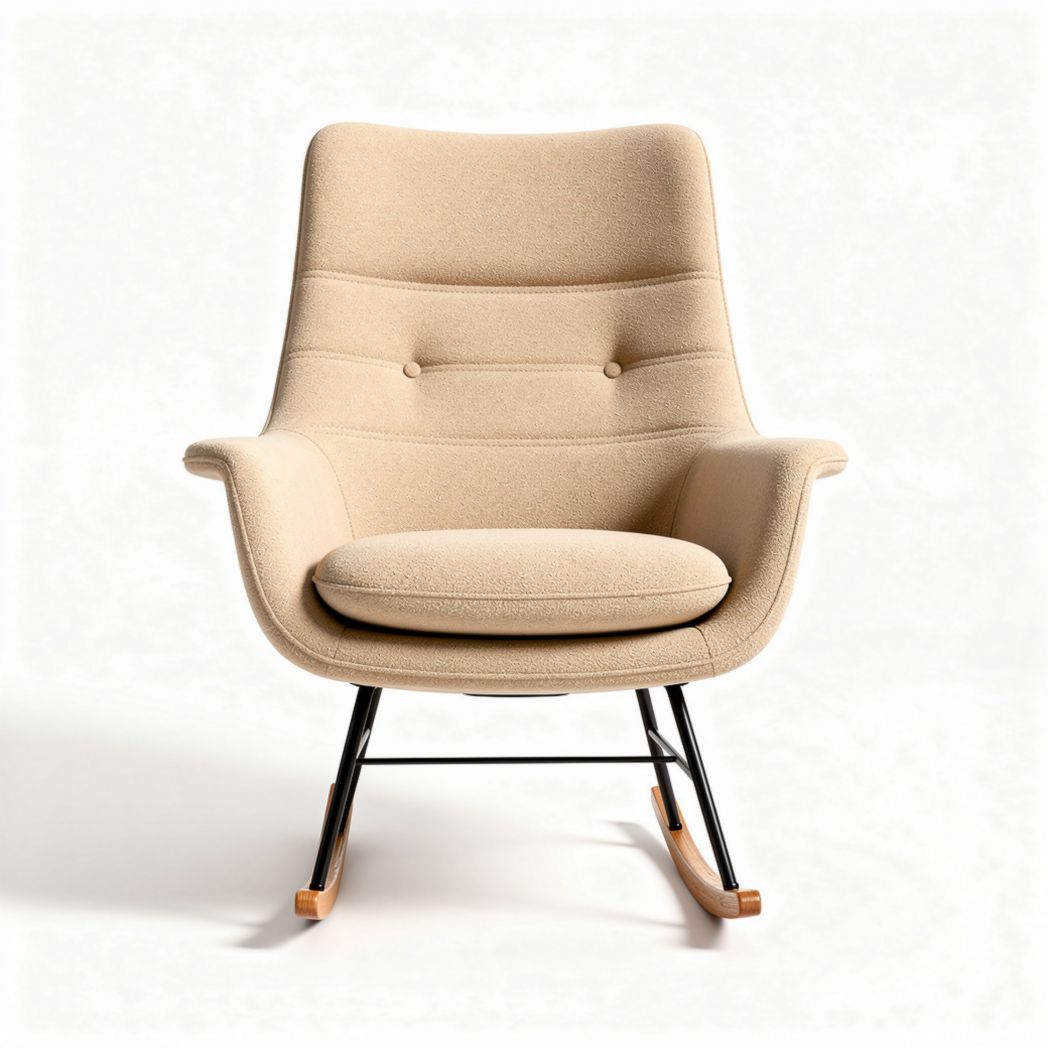 Rocking chair with fabric upholstery and wooden base in beige color