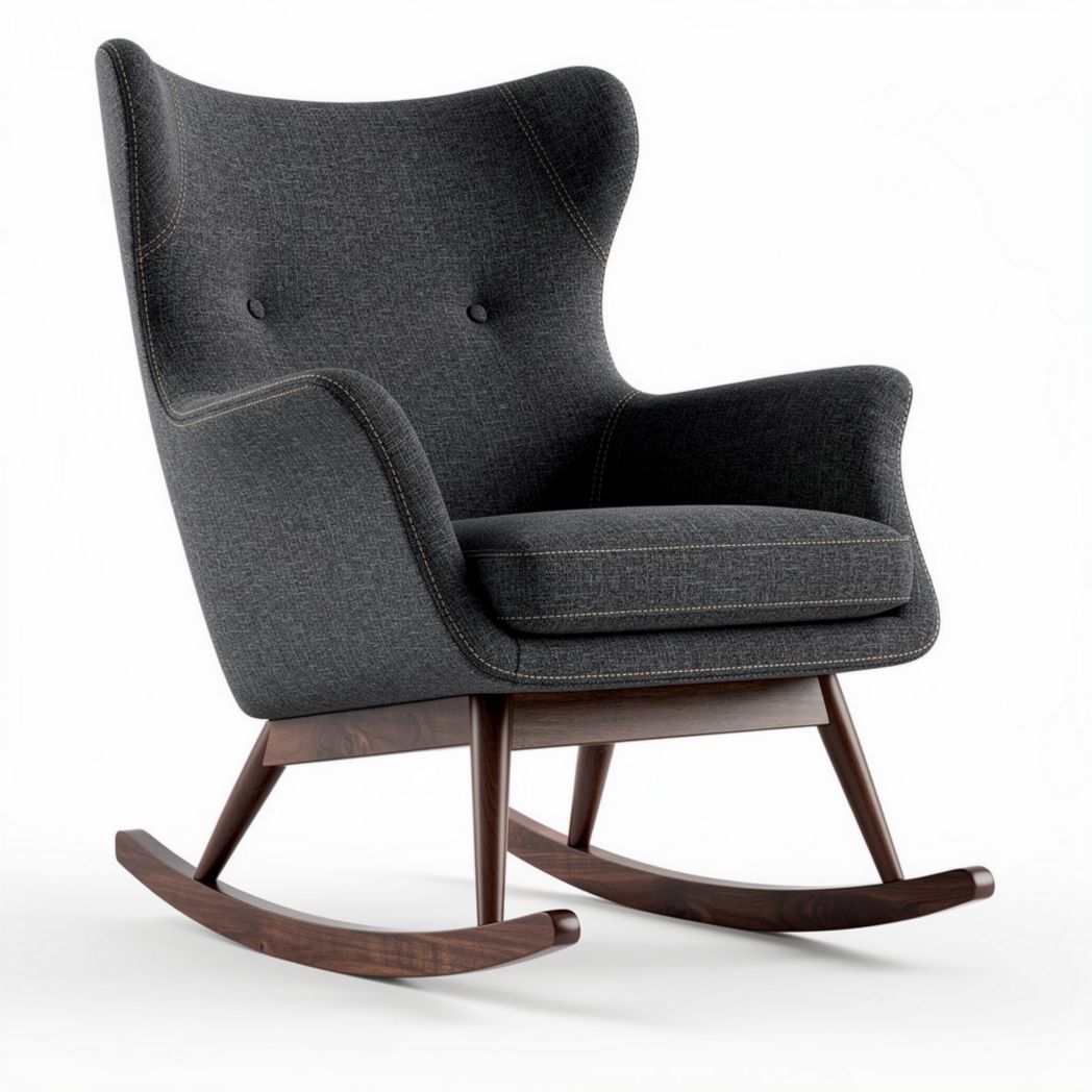Rocking chair with upholstered fabric seat in grey and walnut frame 85 x 75 x 100cm