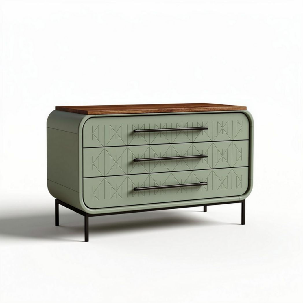 Three-drawer storage chest with wood top and green finish 90 x 45 x 75cm