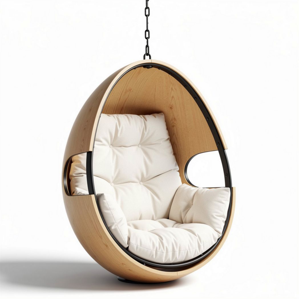 Hanging egg chair in wood and fabric for indoor and outdoor use 95 x 80 x 120cm
